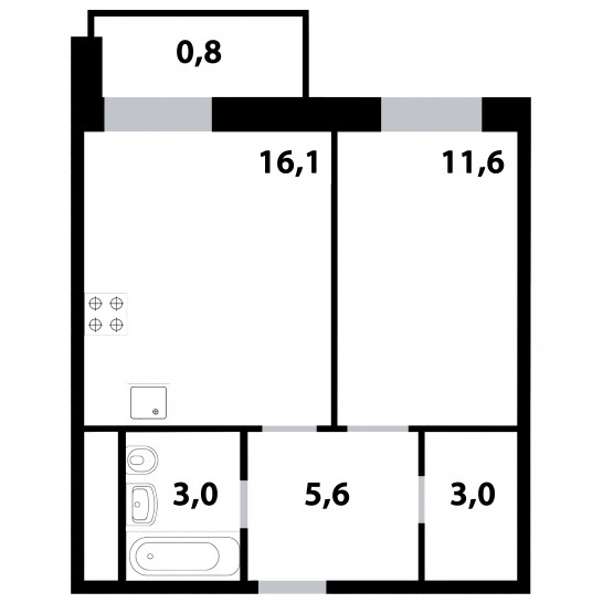 Однокомнатная квартира 40.1 м²